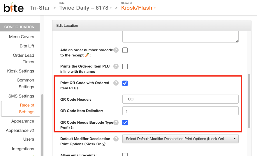 QR codes with PLUs/barcodes in receipts Bite Kiosk