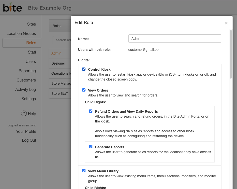 User Roles & Rights – Bite Kiosk